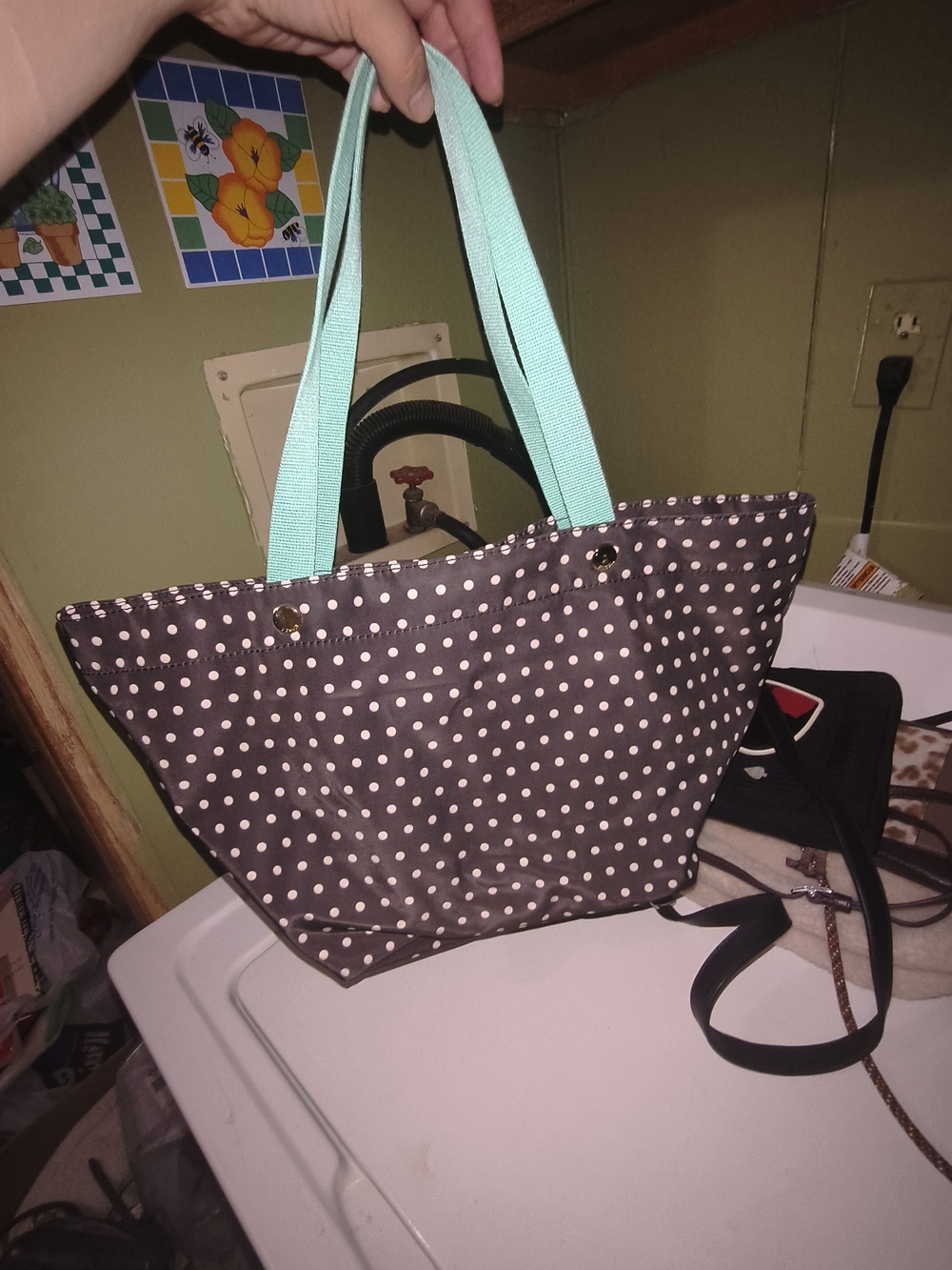Fossil Black Polka Dot Tote with Mint Handles